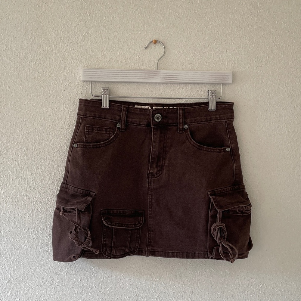 VIP Denim Cargo Skirt Brown Washed Look Utility Chic Mini Retro Y2K